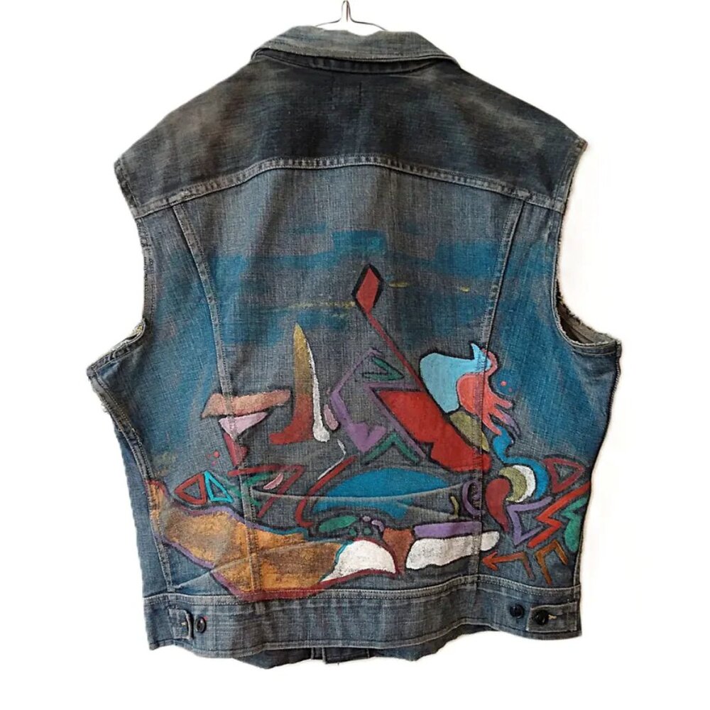 Vintage Denim Jean Jacket Vest Hand Painted XL 46" Chest "Lee Riders" - Picture 3 of 11